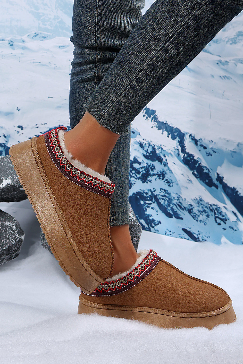 Chestnut Contrast Print Suede Plush Lined Snow Boots