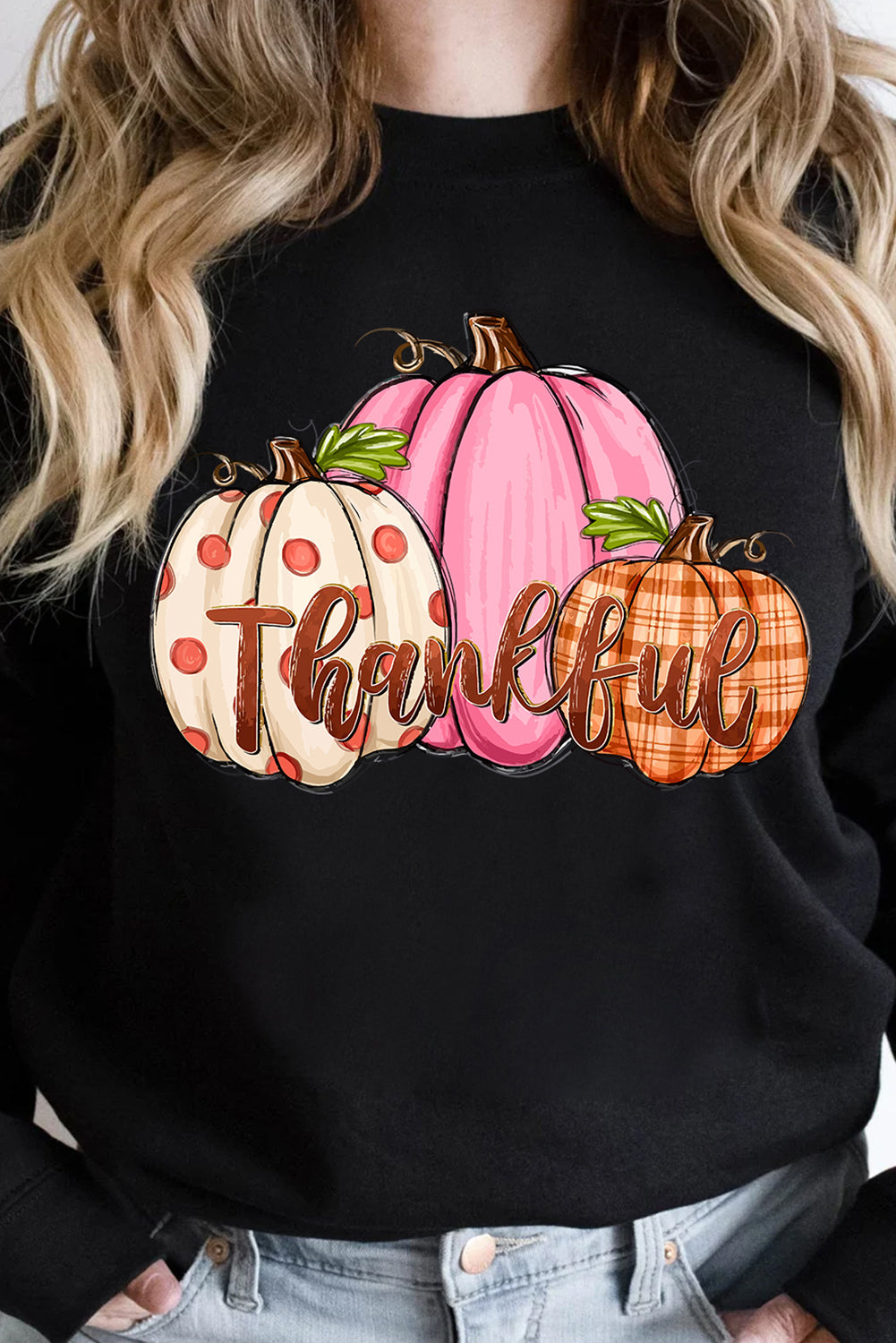 Black Pumpkin Thankful Drop Shoulder Thanksgiving Pullover Sweatshirt