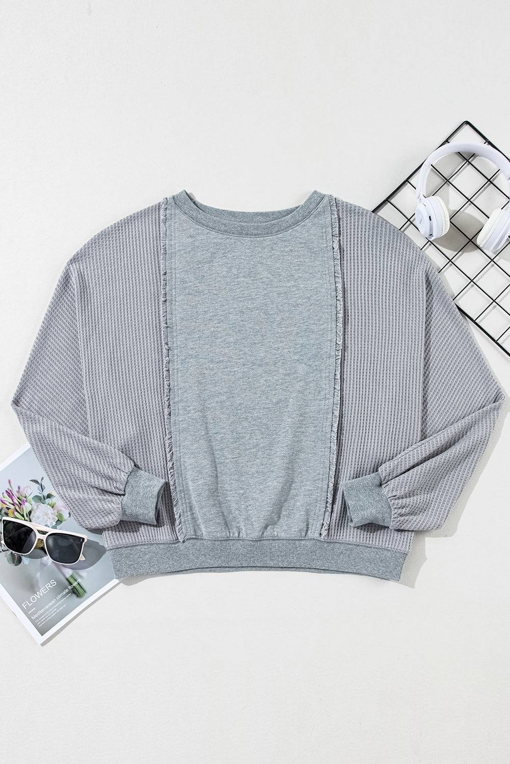 Light Grey Waffle Patchwork Long Sleeve Raw Hem Pullover Top