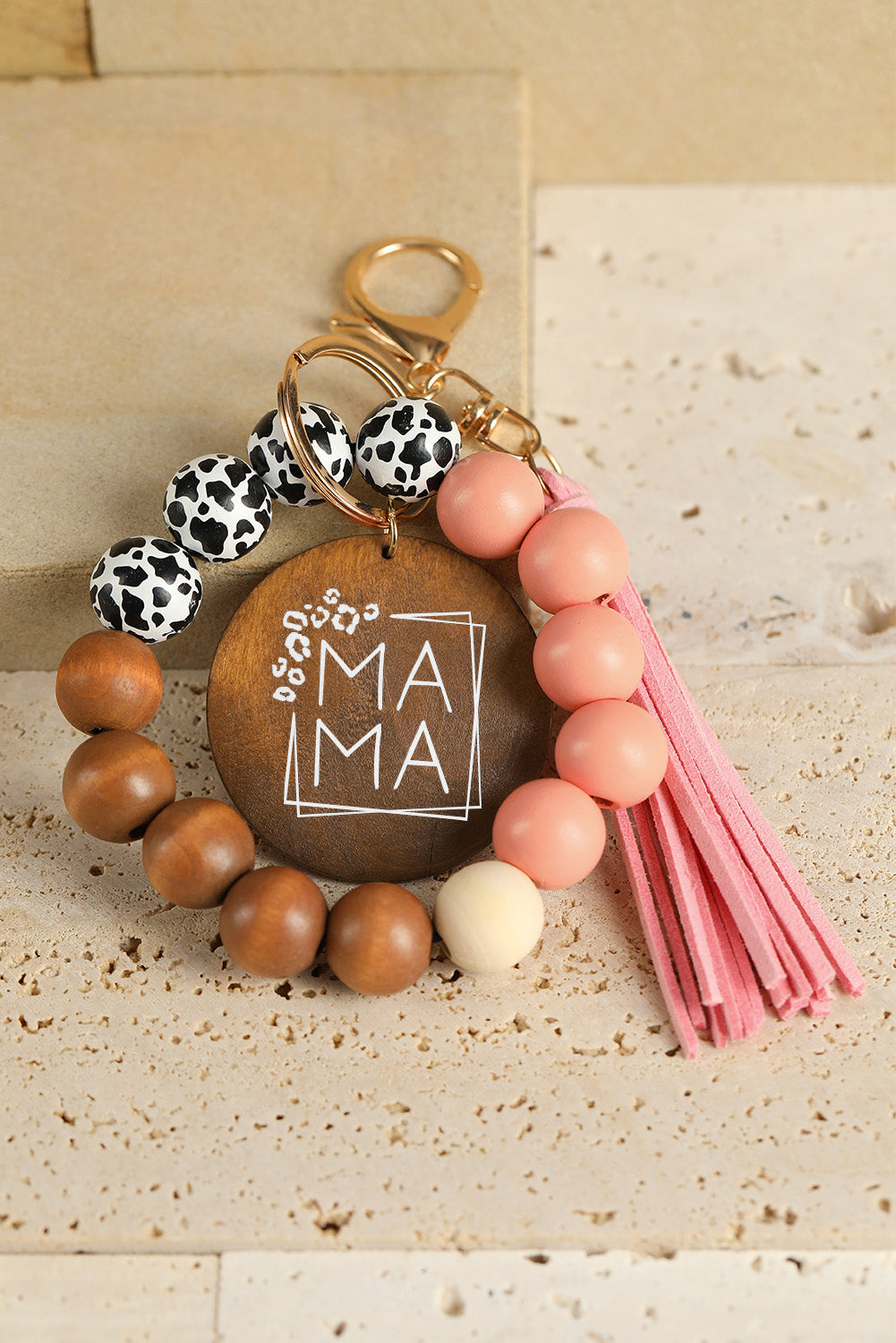 Pink MAMA Wood Pendant Leopard Fringe Keychain