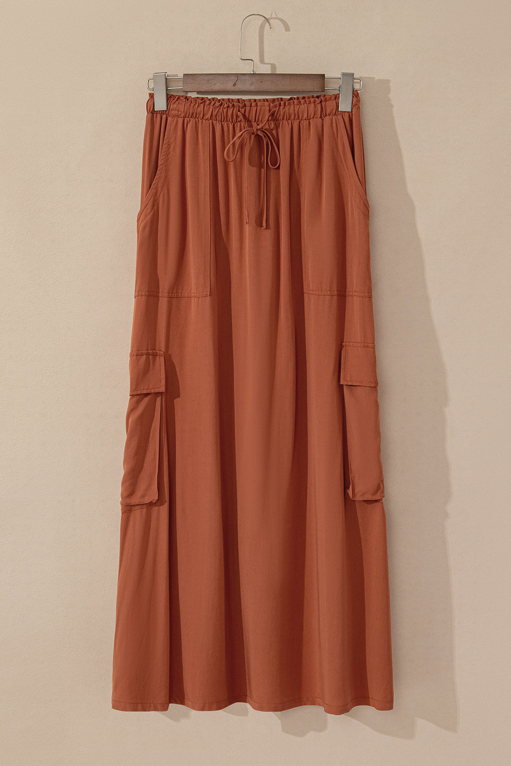 Chestnut Mineral Wash Cargo Pocket Drawstring Waist Maxi Skirt