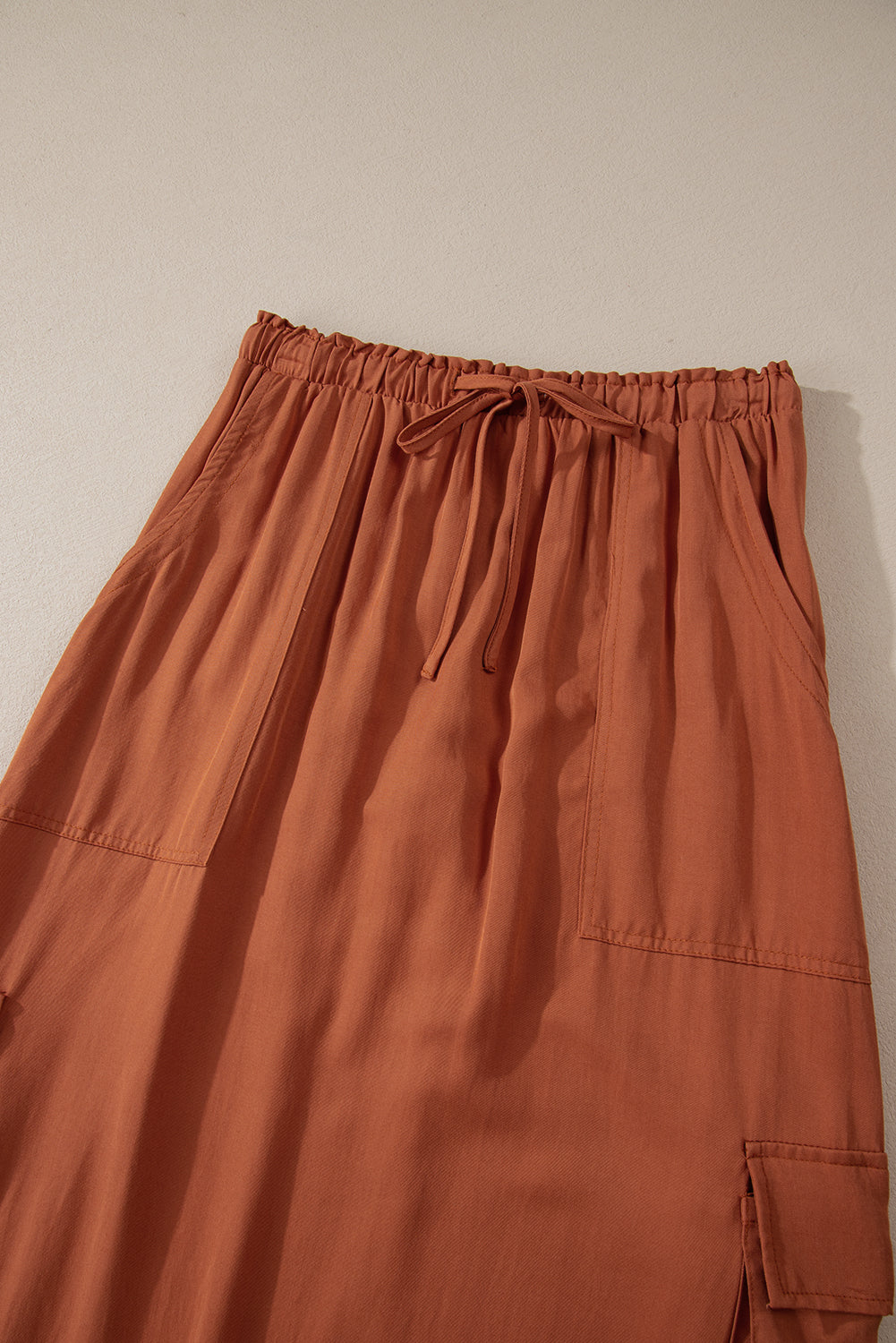 Chestnut Mineral Wash Cargo Pocket Drawstring Waist Maxi Skirt