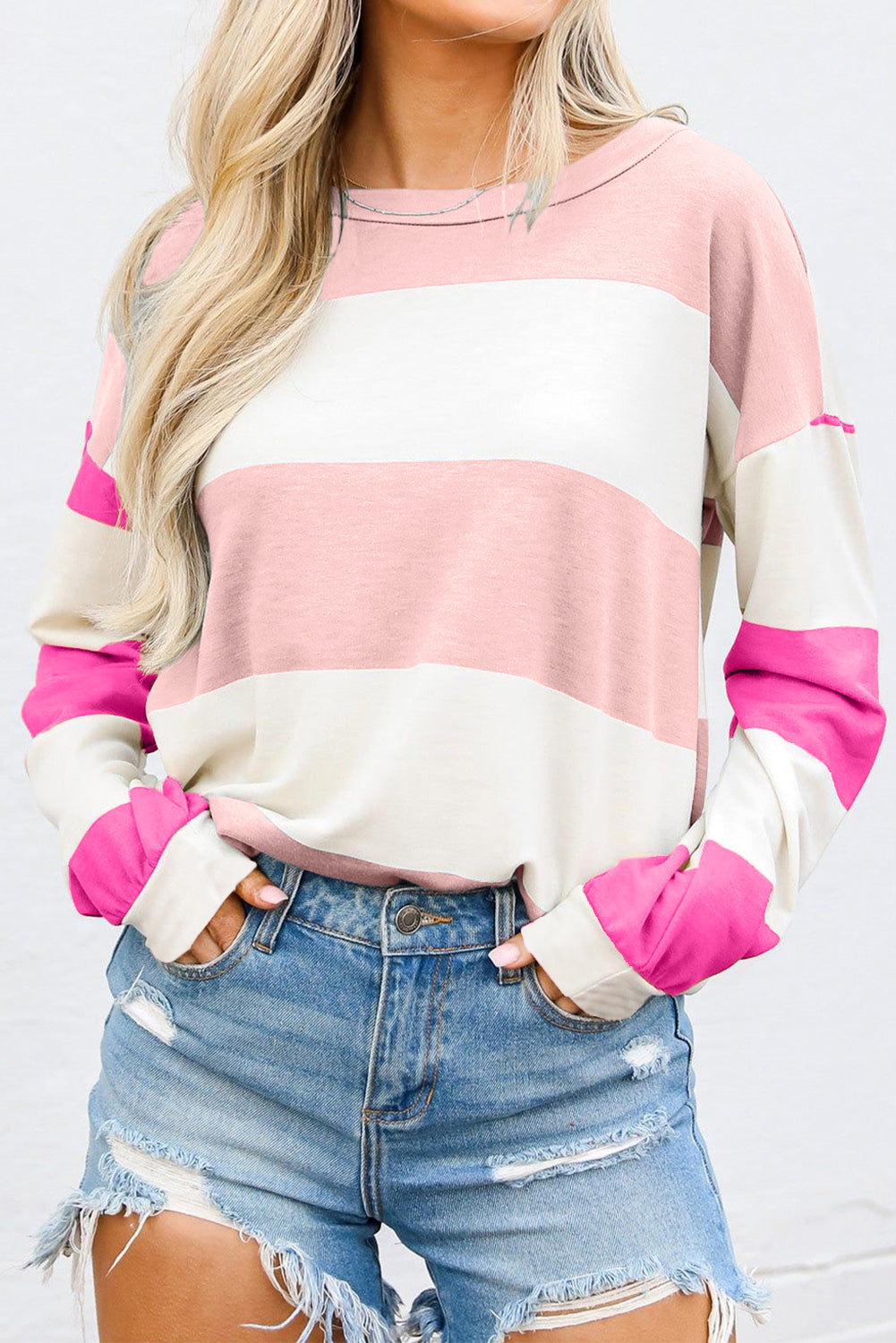 Light Pink Colorblock Striped Drop Shoulder Long Sleeve Top