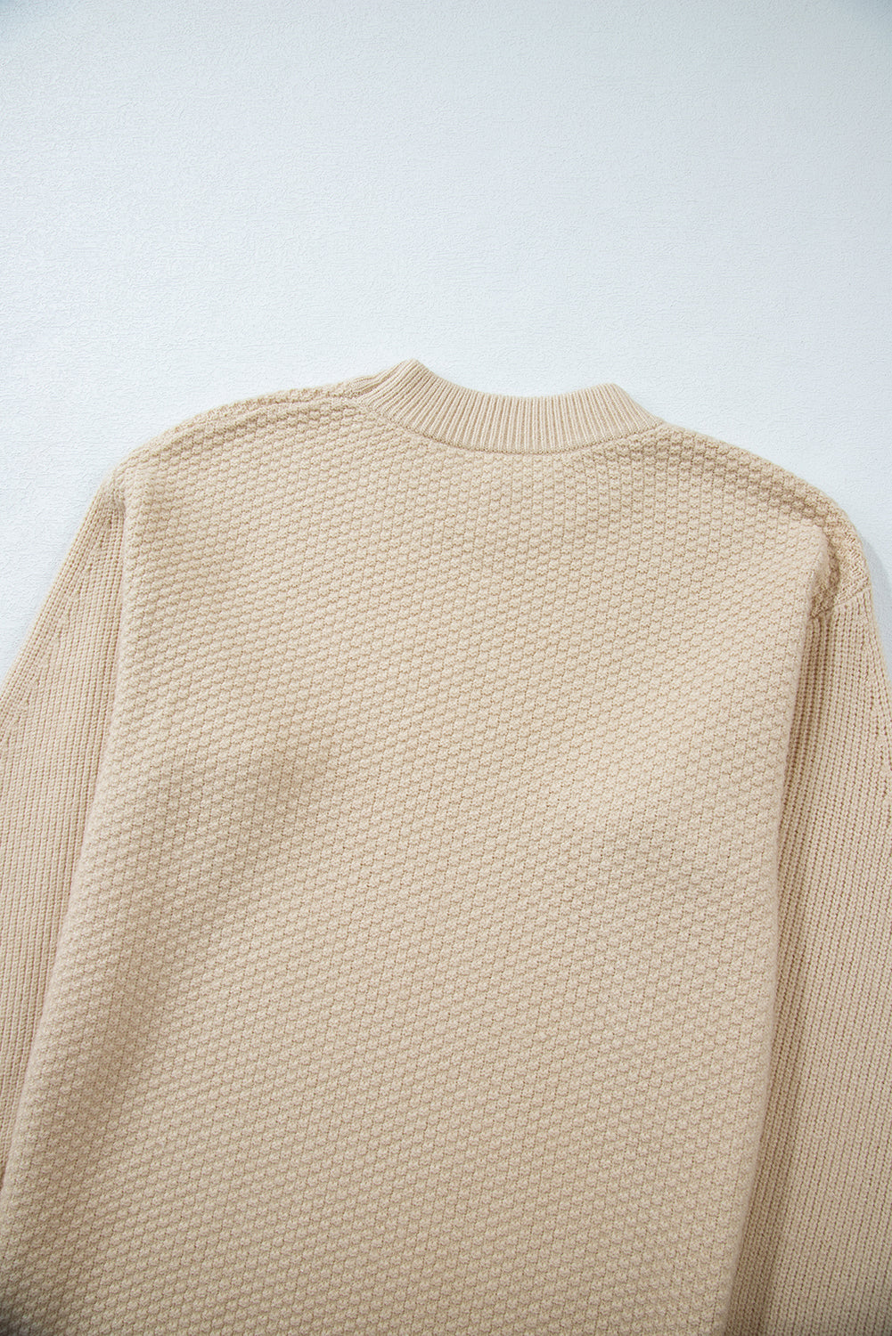 Parchment Solid Textured Knit Split Cuff Drop Shoulder Loose Sweater