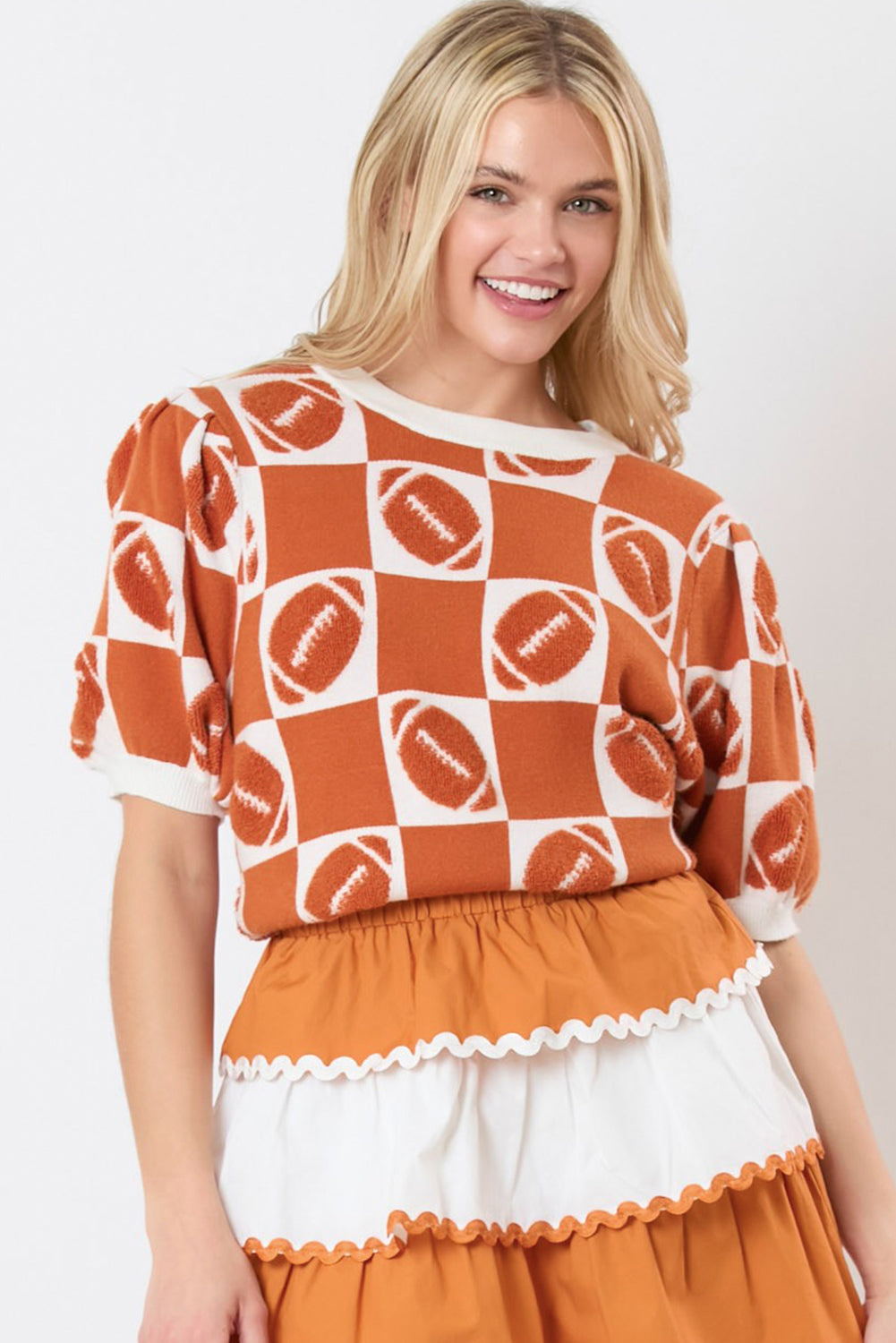 Orange Rugby Plaid Color Block Puff Short Sleeve Sweater