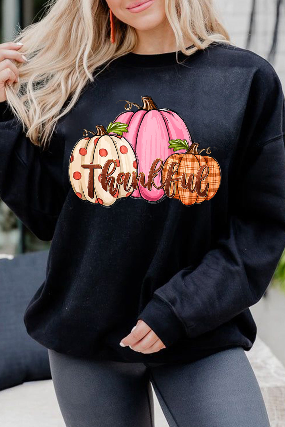 Black Pumpkin Thankful Drop Shoulder Thanksgiving Pullover Sweatshirt