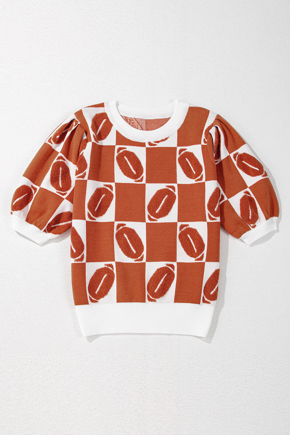 Orange Rugby Plaid Color Block Puff Short Sleeve Sweater