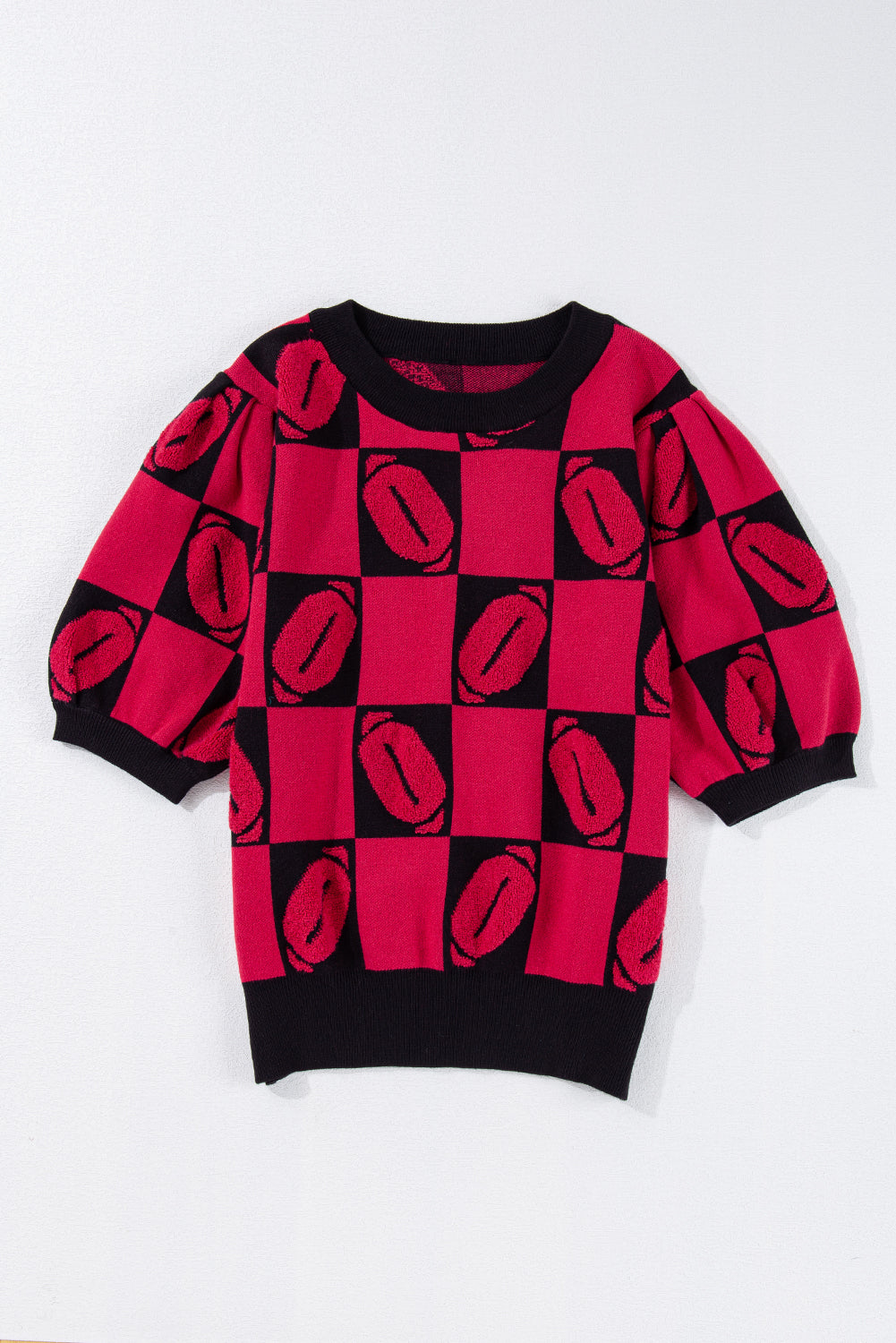 Red Rugby Plaid Color Block Puff Short Sleeve Sweater