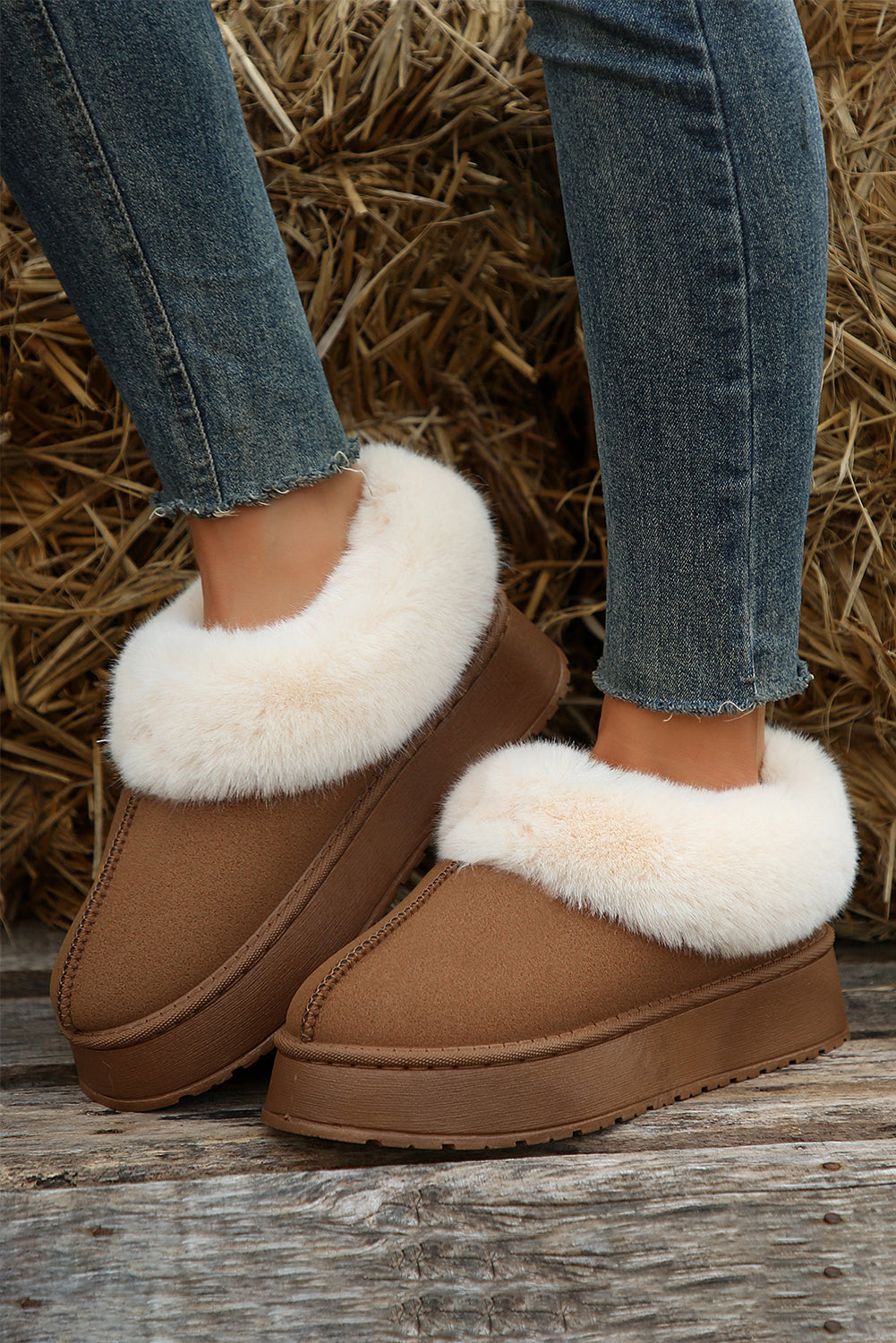 Chestnut Plush Suede Trim Thick Sole Flat Snow Boots