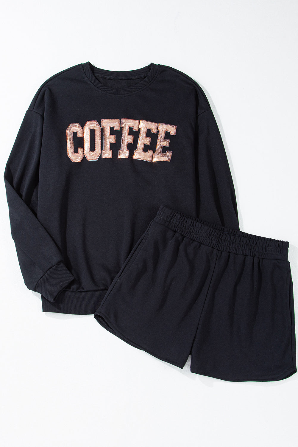 Black Sequined COFFEE Loose Fit Sweatshirt and Shorts Set