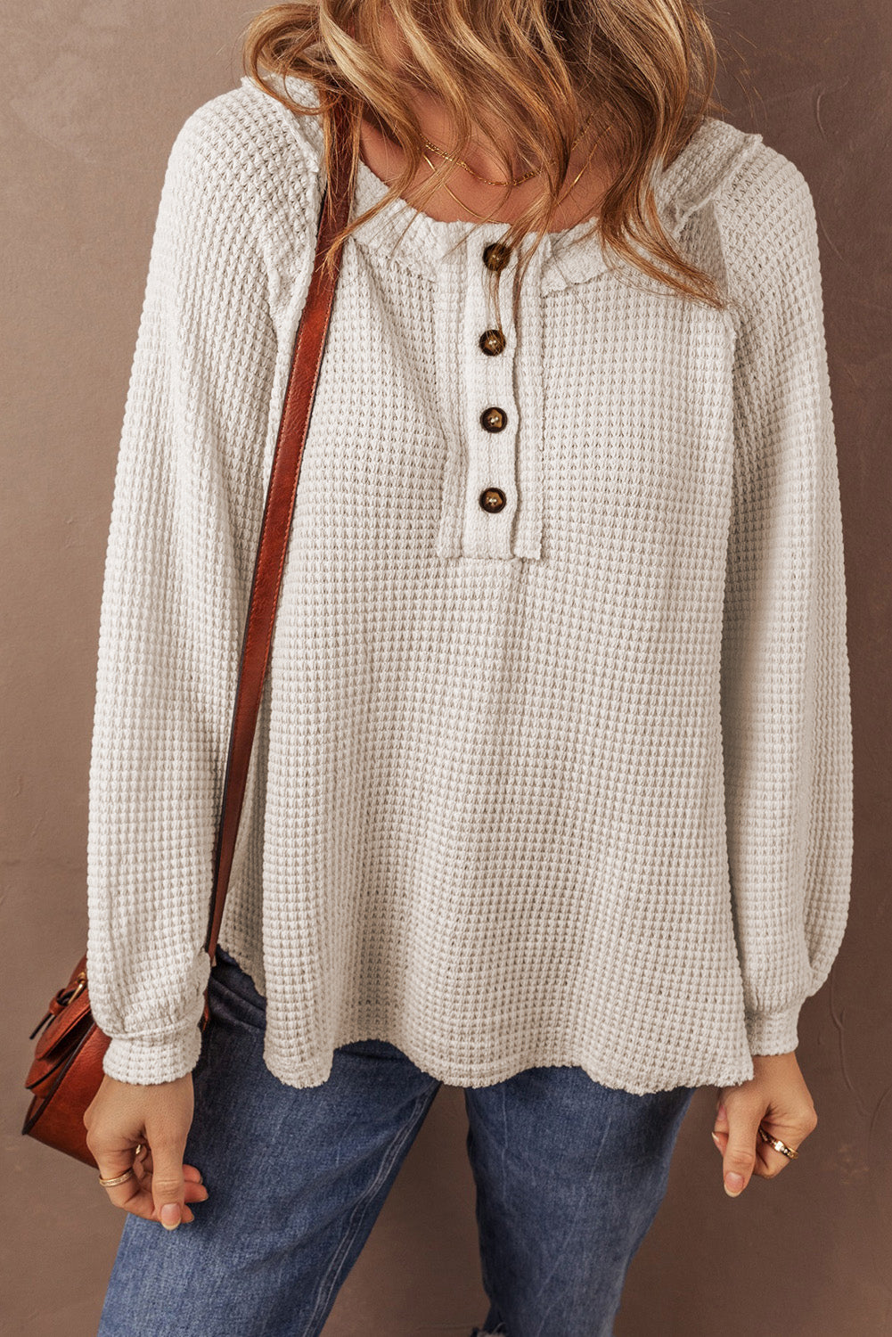 Oatmeal Waffle Knit Buttoned Front Raglan Sleeve Loose Blouse