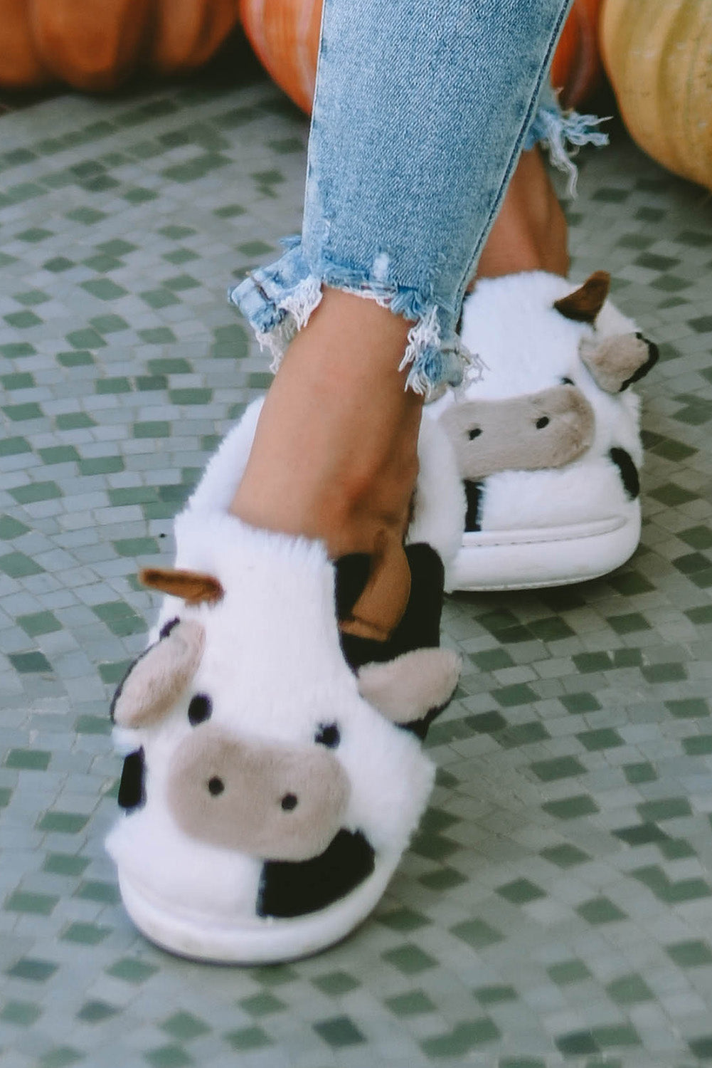 White Cartoon Animal Cow Plush Slippers