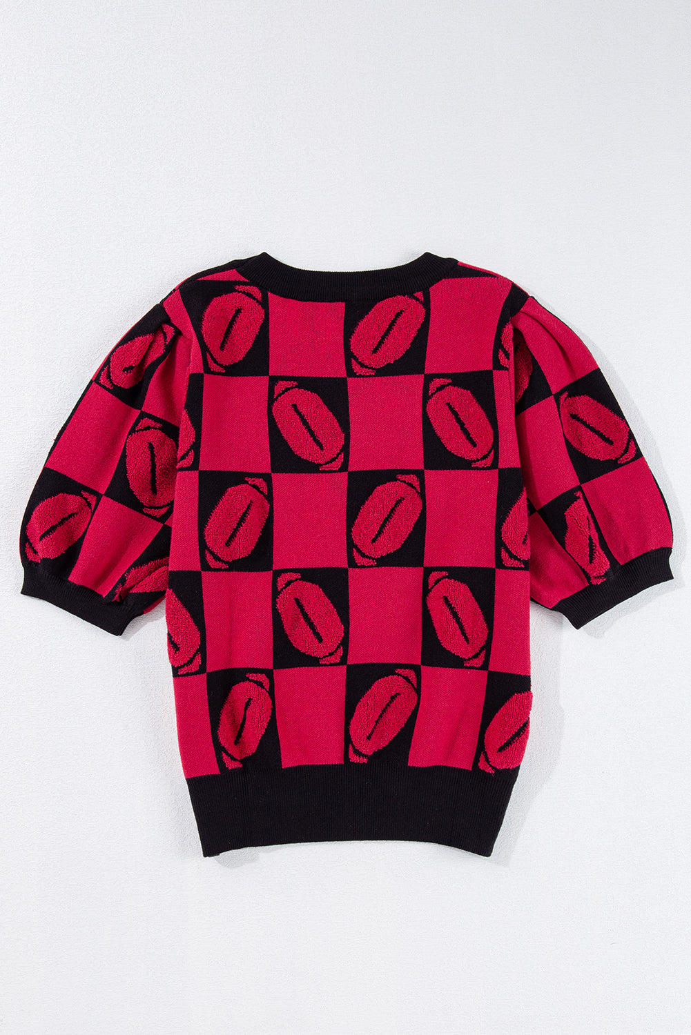 Red Rugby Plaid Color Block Puff Short Sleeve Sweater