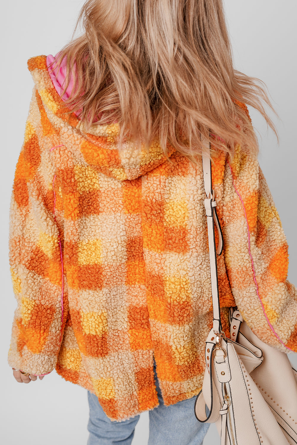 Orange Checkered Sherpa Hooded Jacket