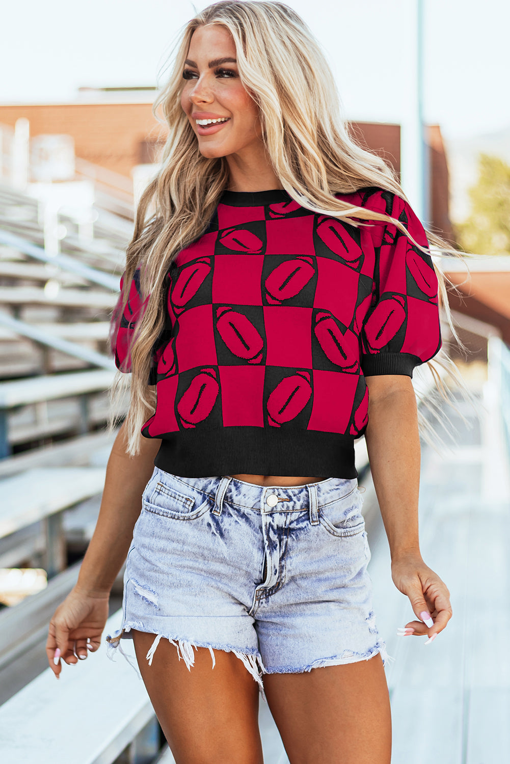 Red Rugby Plaid Color Block Puff Short Sleeve Sweater